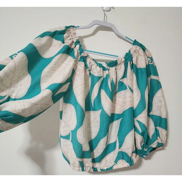 Rachel Zoe Womens Linen Blend Off-the-Shoulder Cropped Blouse Green Beige Size S - Picture 2 of 11